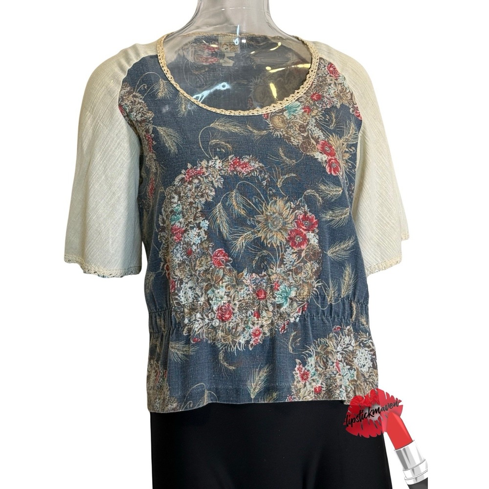 Vintage Rag Dolls Top Womens Small Blue Floral Raglan Dolman‎ Sleeves Shirt 70s